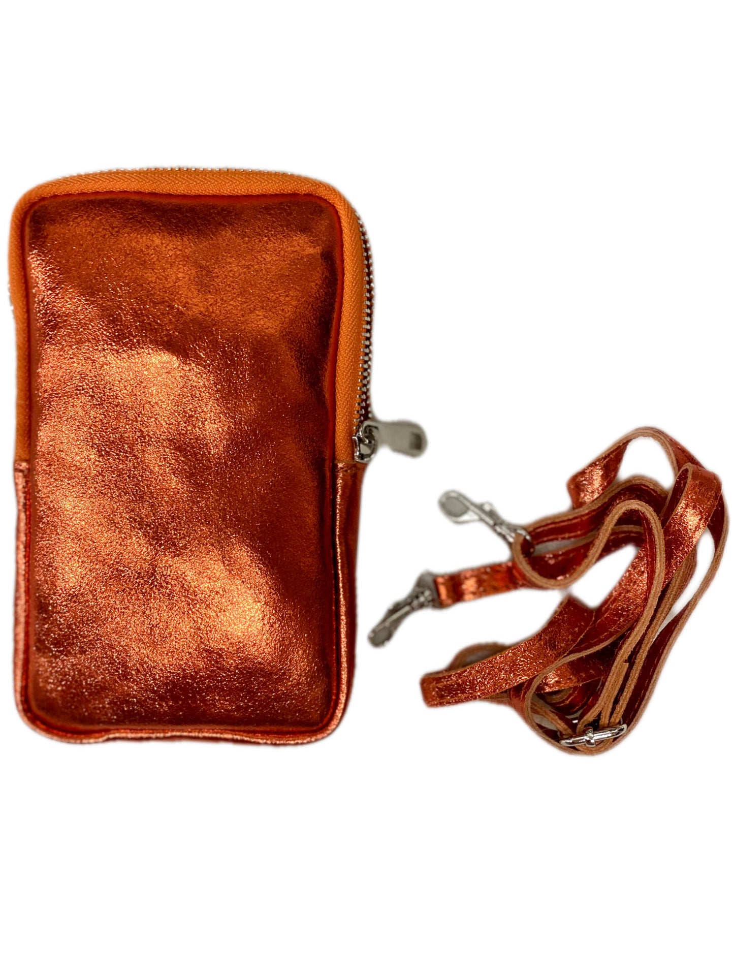 Pochette en cuir portable orangé métallisé