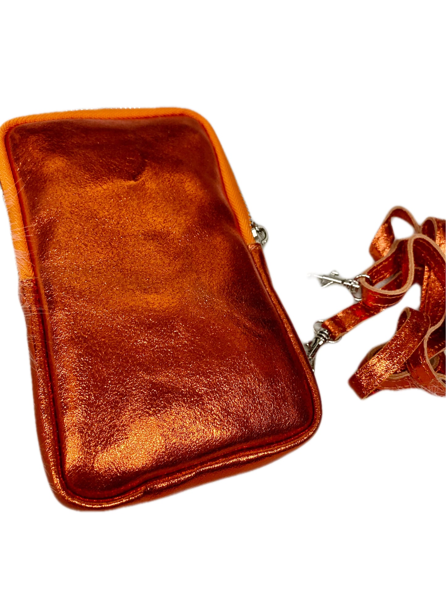 Pochette en cuir portable orangé métallisé