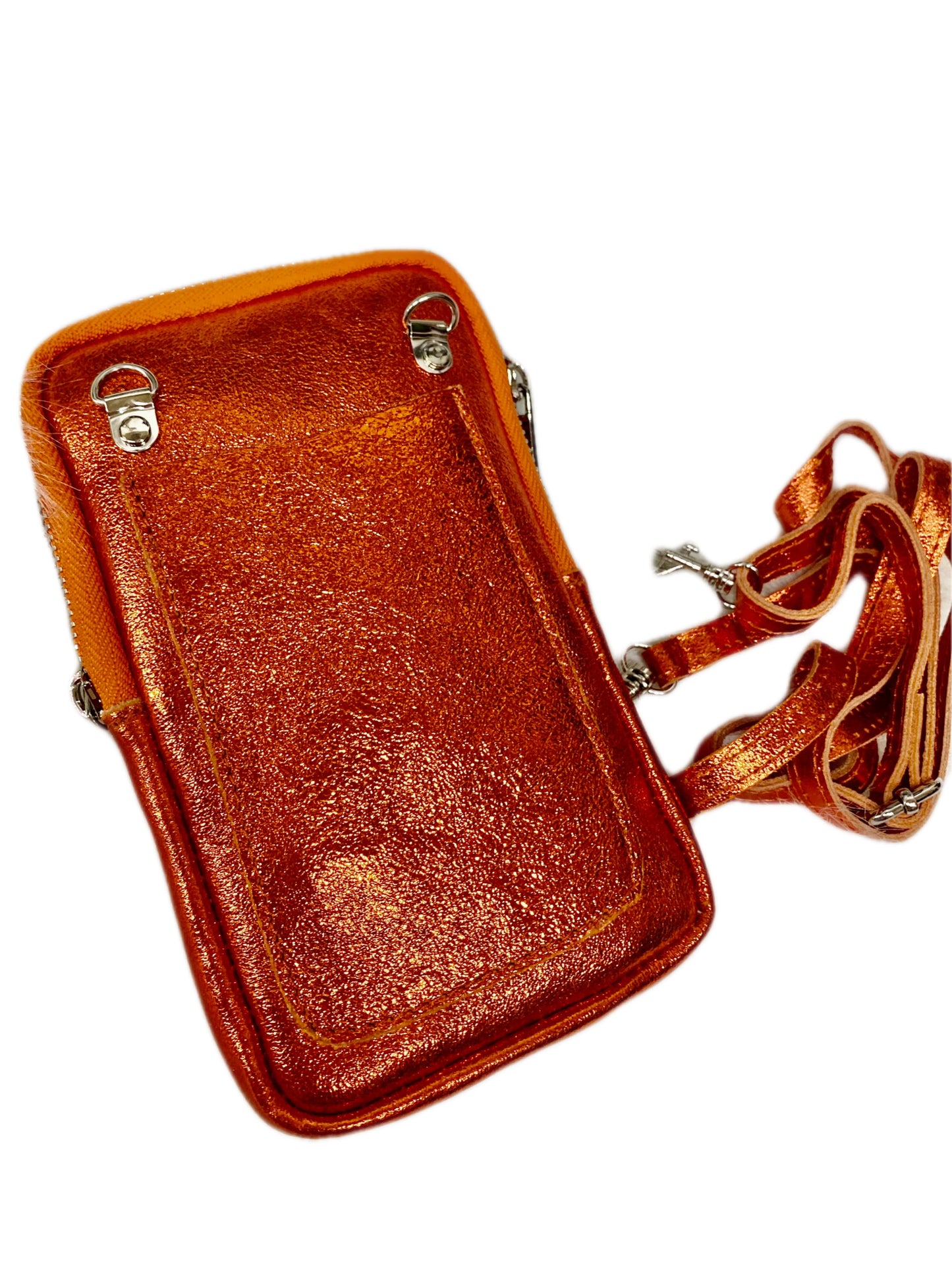 Pochette en cuir portable orangé métallisé